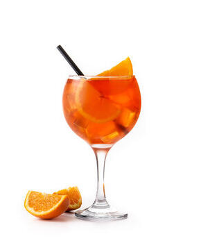 Seaside Sunset prosecco / rum / sparkling water LaNoscean orange garnish